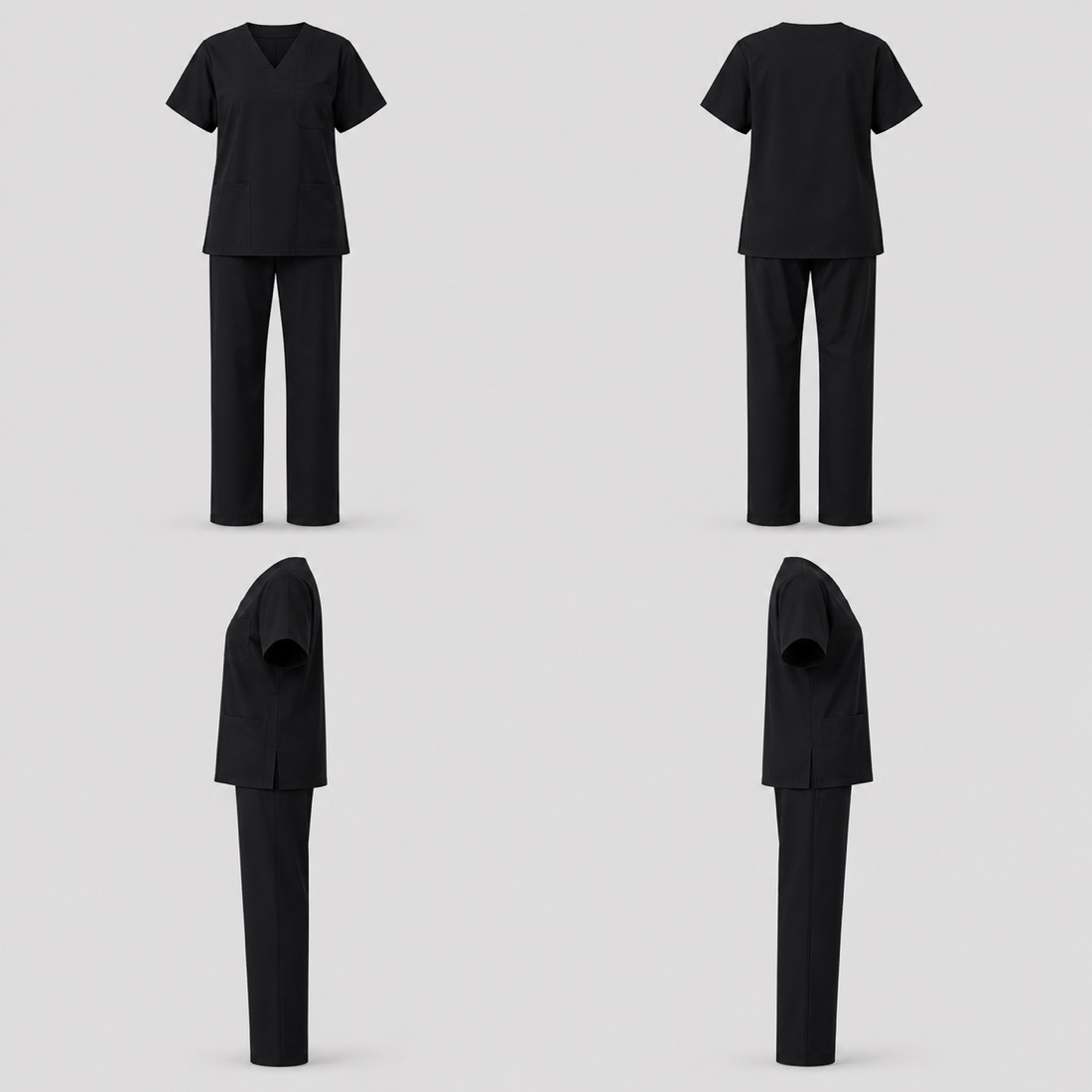 Three-Pocket Scrub Set — Black, four-way catalogue presentation