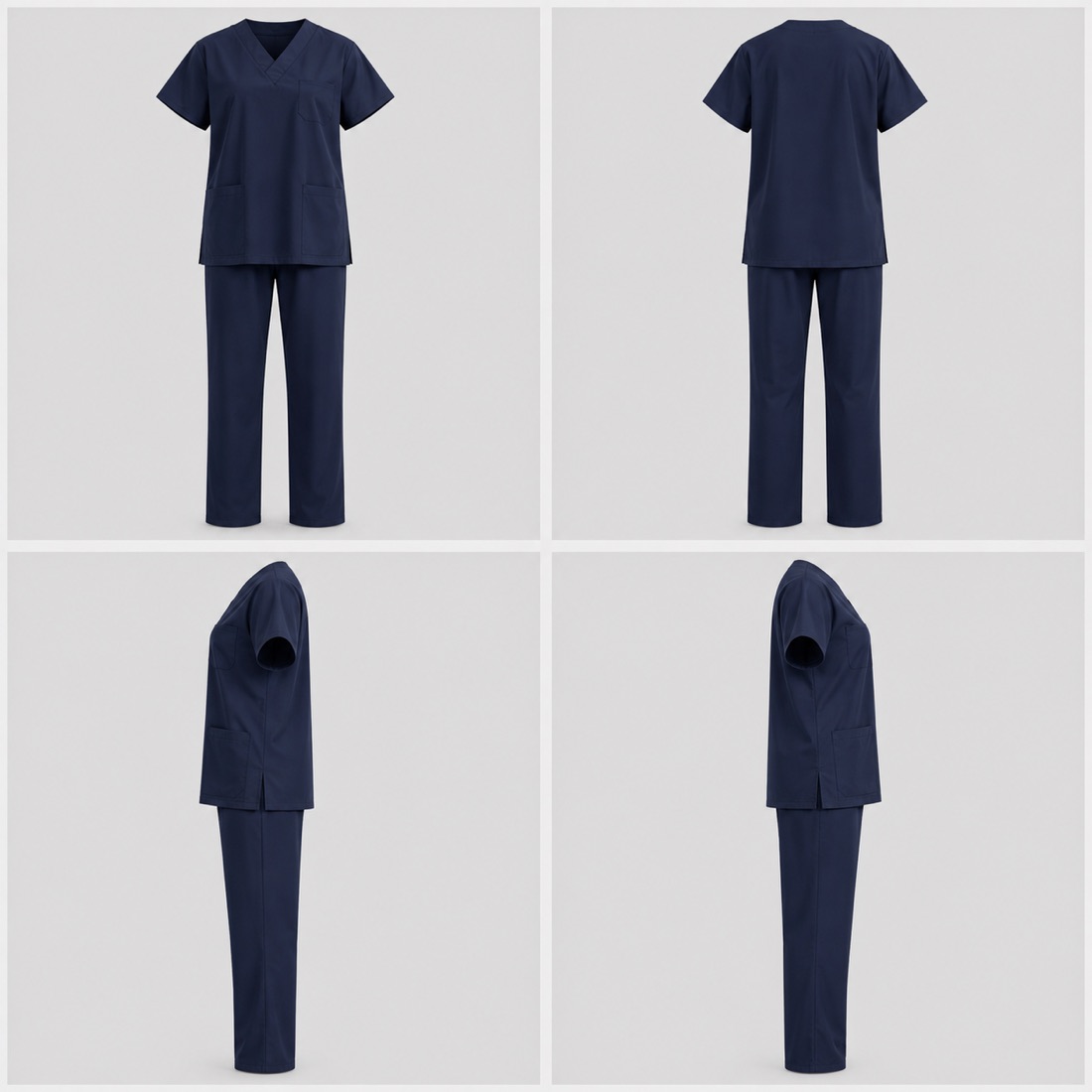 Three-Pocket Scrub Set — Navy, four-way catalogue presentation