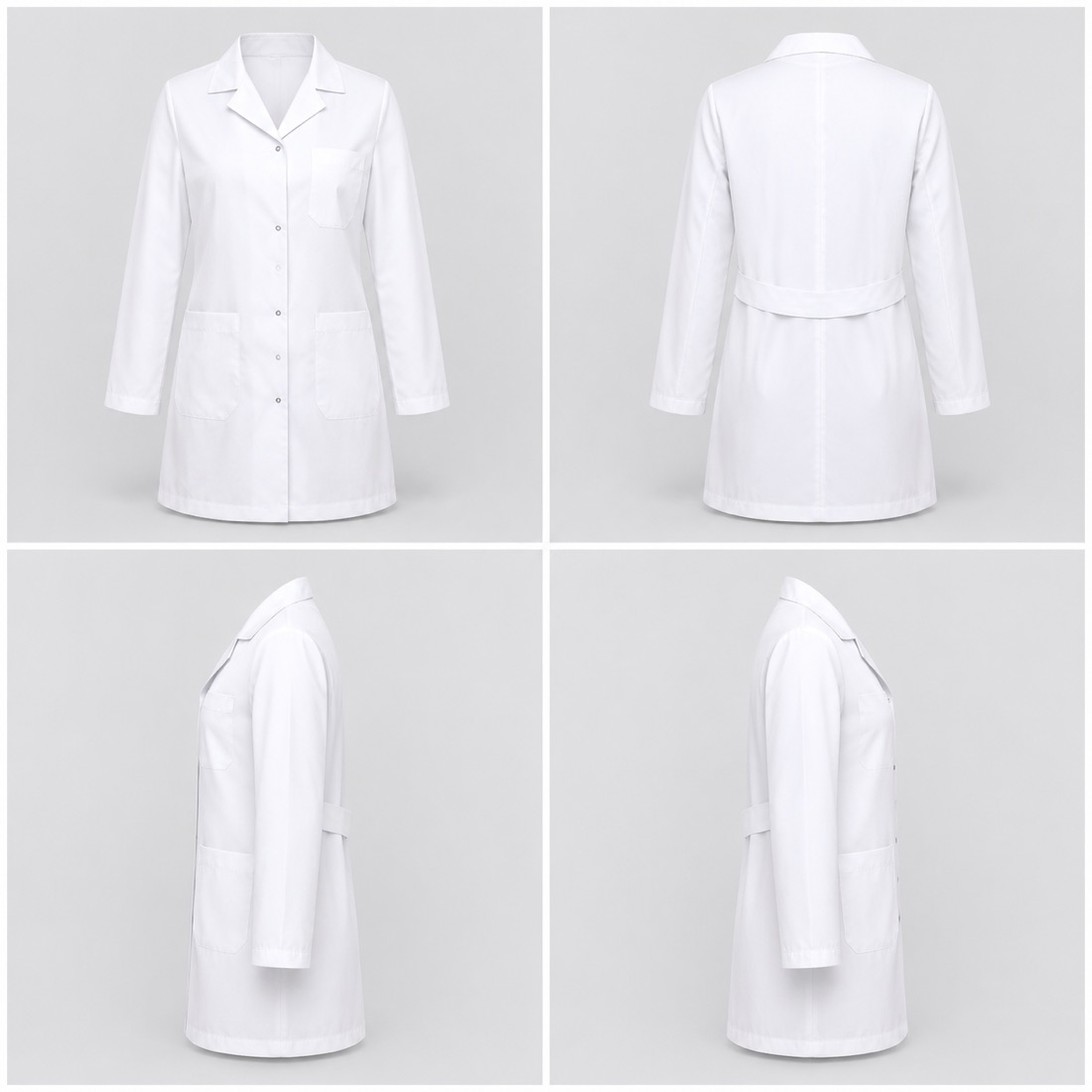 Snap-Fastened Classic White Coat, four-way catalogue presentation